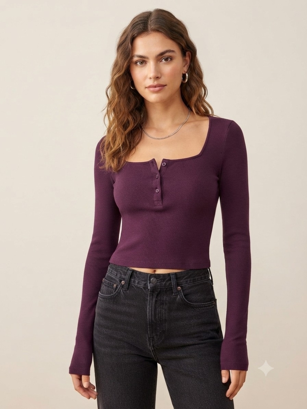 Square Neck Ribbed Henley Crop Top - Plum